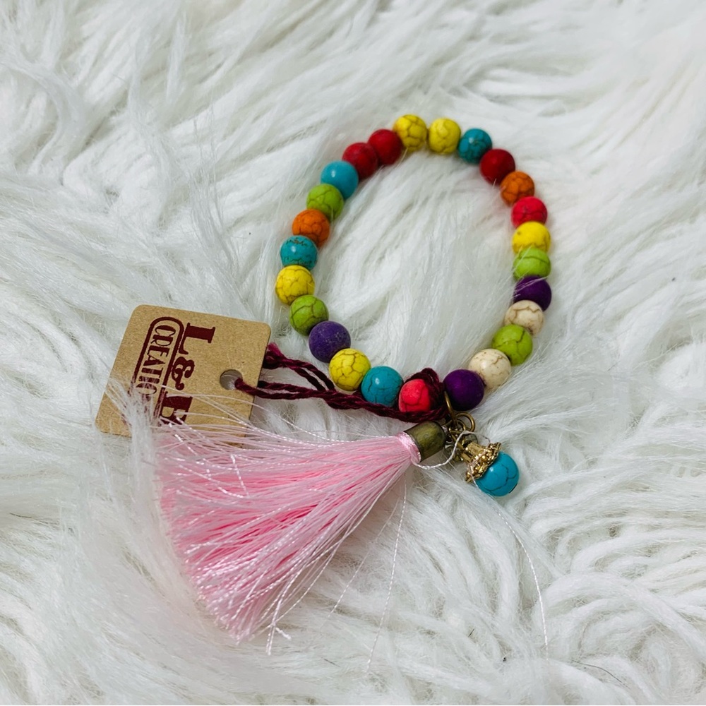 L&B Multicolor Beaded Bracelet with Pink Tassel